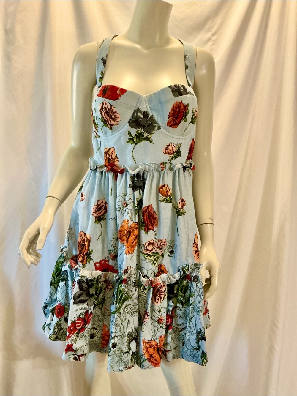 Cara Cara: Light Blue Floral Dress with Orange Accents:Size 16